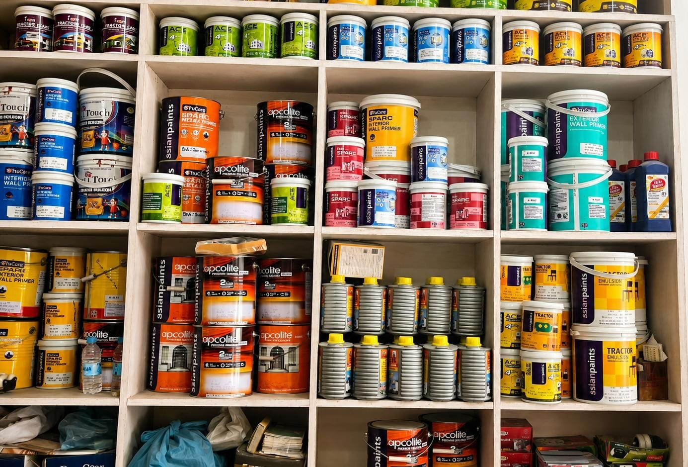 Shelves stocked with paint supplies