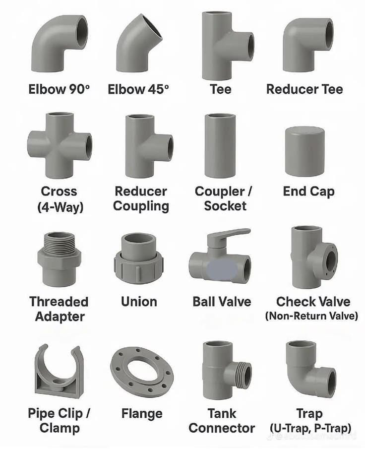 Pipe fittings including elbows, tees, valves and connectors