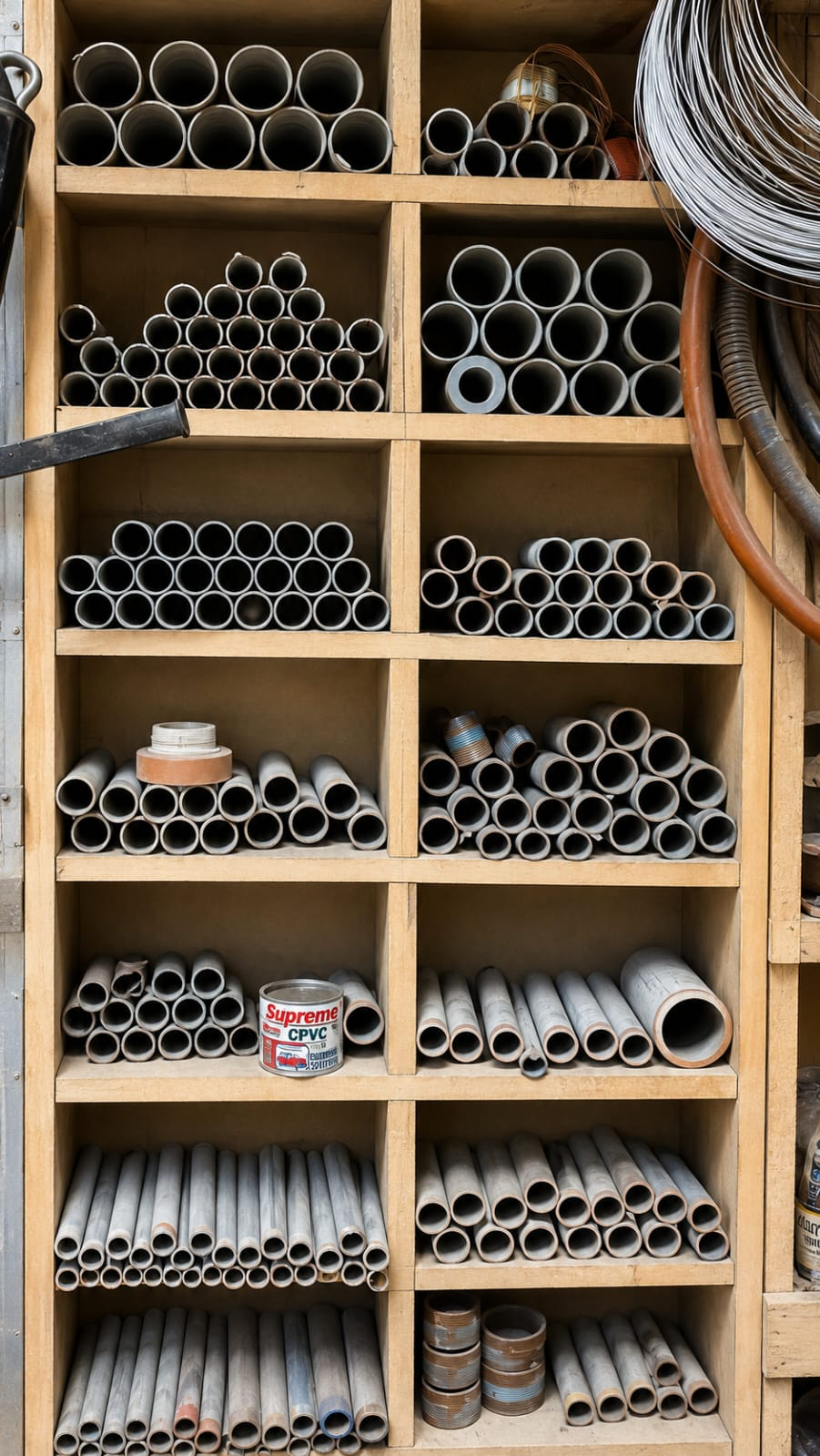 Pipes organized in storage shelves