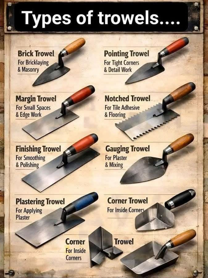 Types of masonry and plastering trowels